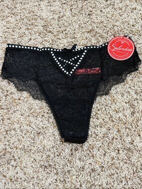 Splendies Black Lace Thong Panty with Contrast Trim